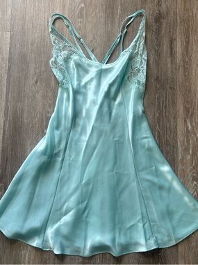 Vintage Victoria's Secret Fairy Coquette Aqua Lace Satin Chemise Slip Dress Sz S